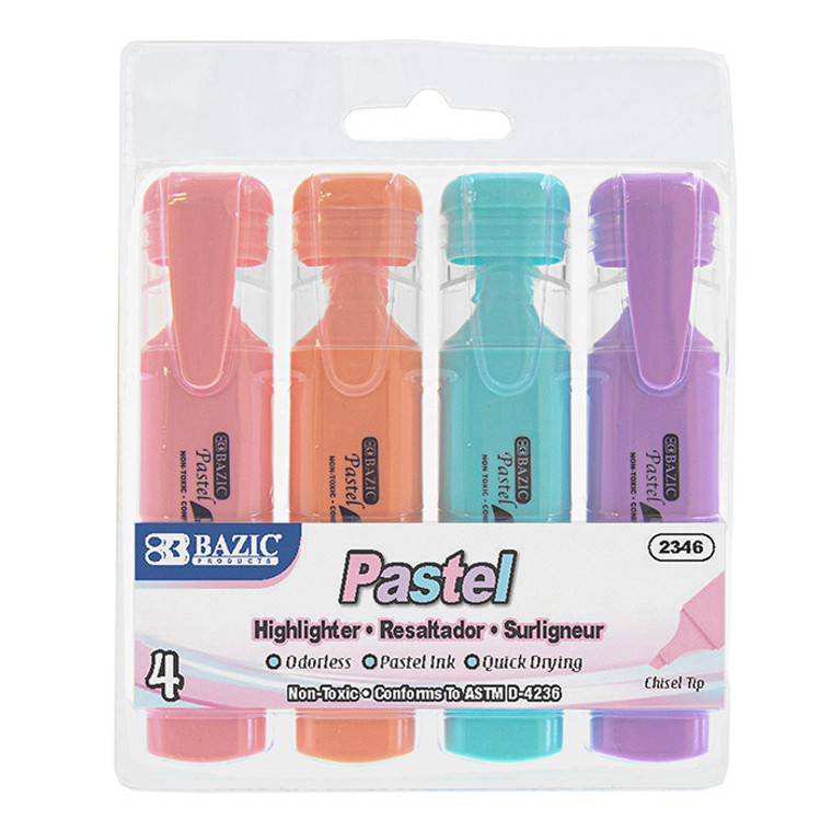 BAZIC Pastel Highlighter w/ Pocket Clip (4/Pack)