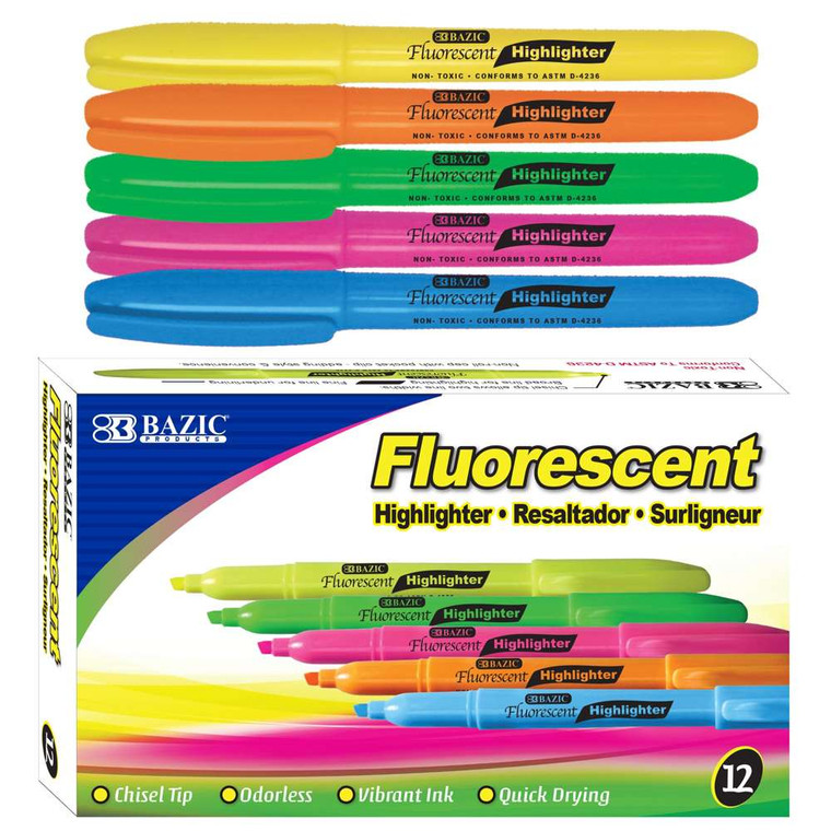 BAZIC Pen Style Fluorescent Highlighter w/ Pocket Clip (12/Box), 12 units per case