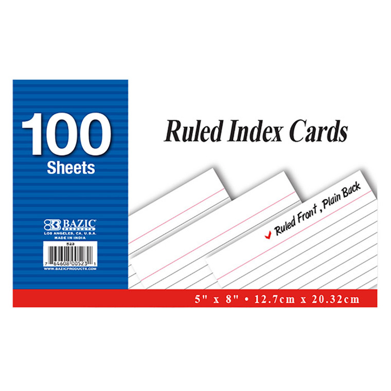 BAZIC 100 Ct. 5" X 8" Ruled White Index Card