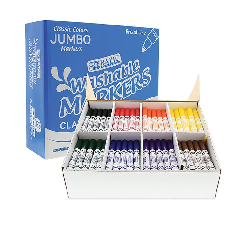 BAZIC 8 Colors Broad Line Jumbo Washable Markers Classroom Pack (200 Ct)