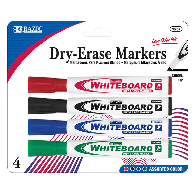 BAZIC Assorted Colors Chisel Tip Dry-Erase Markers (4/Pack)