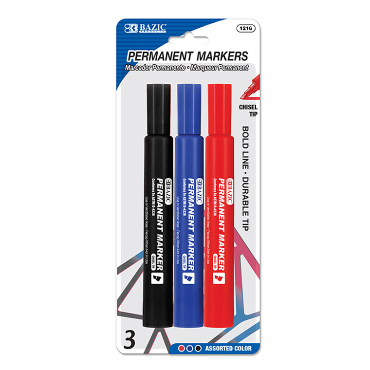 BAZIC Assorted Colors Chisel Tip Jumbo Permanent Markers (3/Pk)