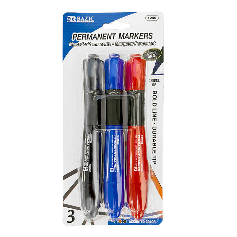 BAZIC Assorted Colors Chisel Tip Jumbo Permanent Markers w/ Grip (3/Pack)