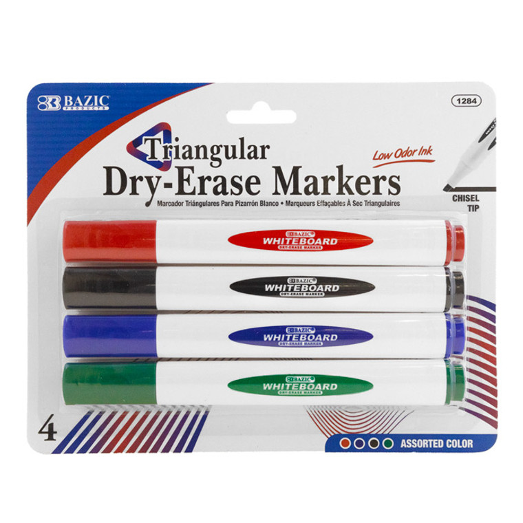 BAZIC Assorted Colors Chisel Tip Triangle Dry-Erase Markers (4/Pack)