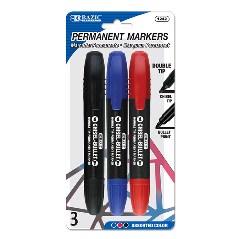 BAZIC Assorted Colors Double-Tip Permanent Markers (3/Pack)