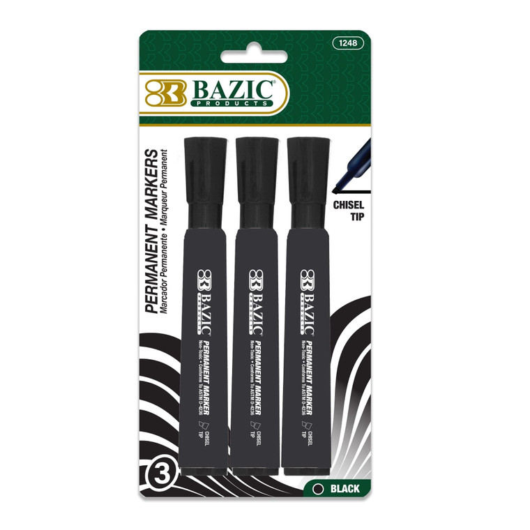 BAZIC Black Chisel Tip Desk Style Permanent Markers (3/Pack), 24 units per case
