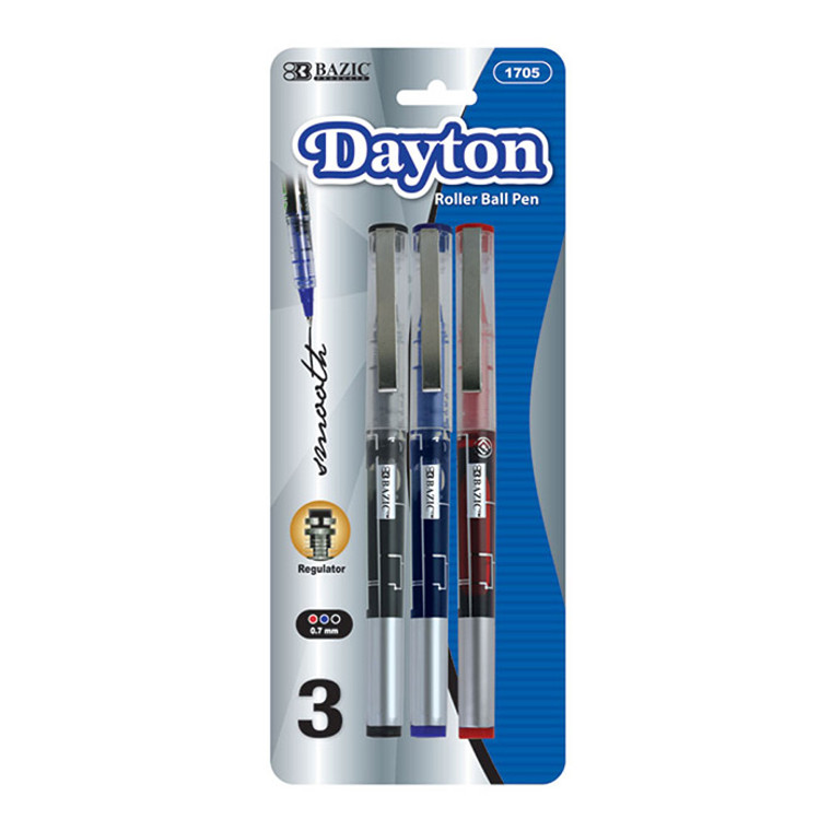 BAZIC Dayton Asst. Color Rollerball Pen w/ Metal Clip (3/Pack)
