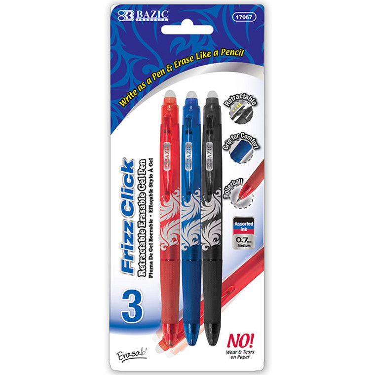 BAZIC Frizz Assorted Color Erasable Gel Retractable Pen with Grip (3/Pack)