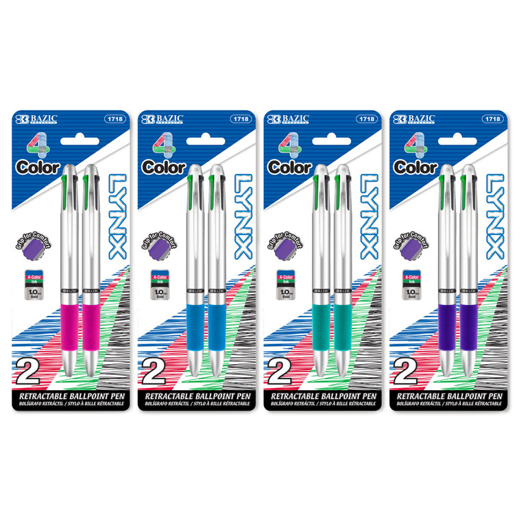 BAZIC Lynx Silver Top 4-Color Pen w/ Cushion Grip (2/Pack)