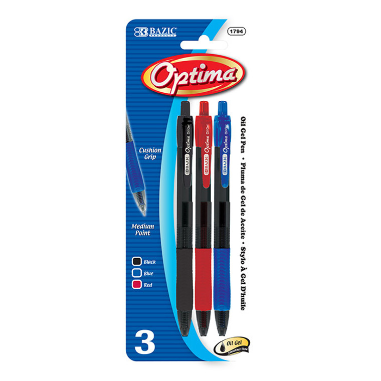 BAZIC Optima Assorted Color Oil-Gel Ink Retractable Pen w/ Grip (3/Pack)