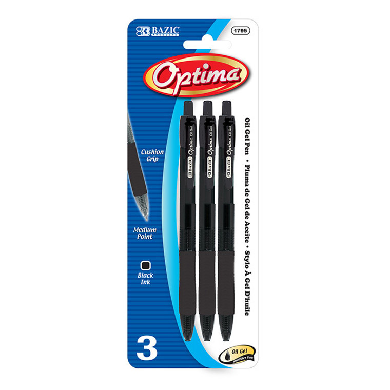 BAZIC Optima Black Oil-Gel Ink Retractable Pen w/ Grip (3/Pack)