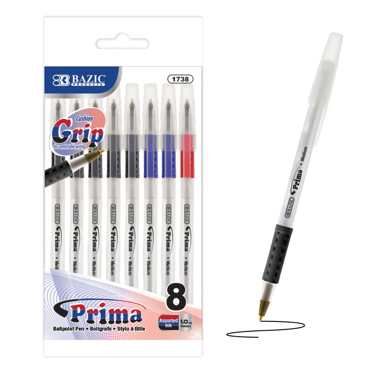 BAZIC Prima Assorted Color Stick Pen w/ Cushion Grip (8/Pack), 24 units per case
