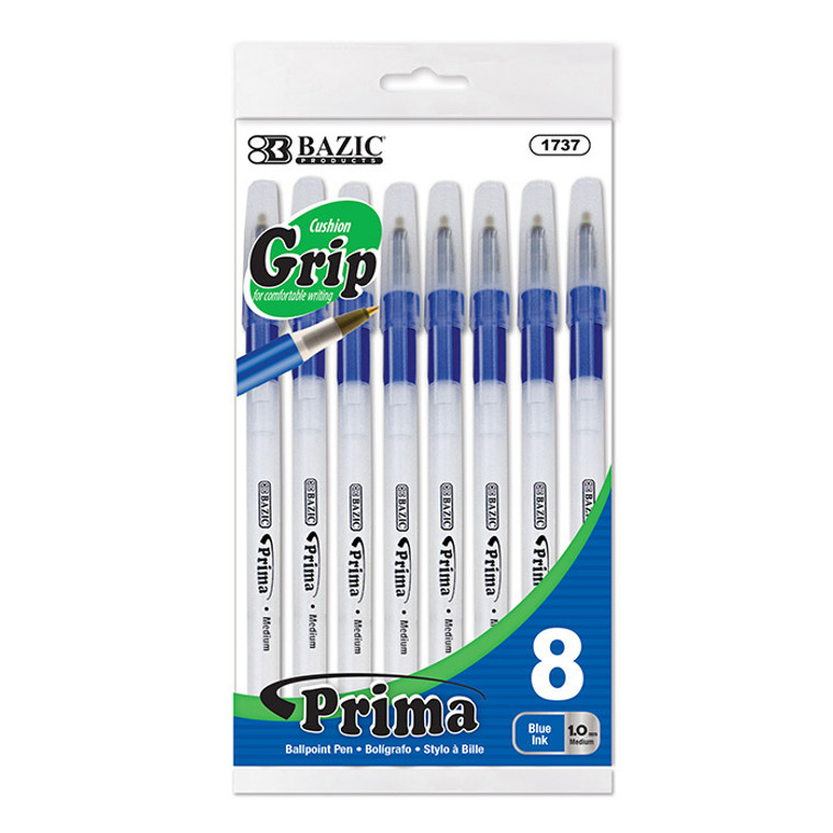 BAZIC Prima Blue Stick Pen w/ Cushion Grip (8/Pack)