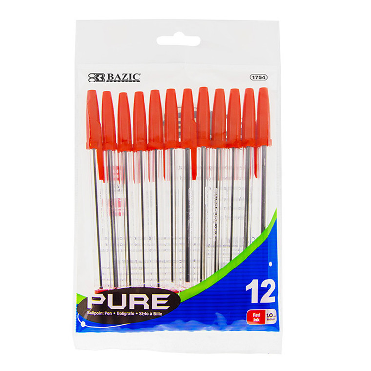 BAZIC Pure Red Stick Pen (12/Pack)