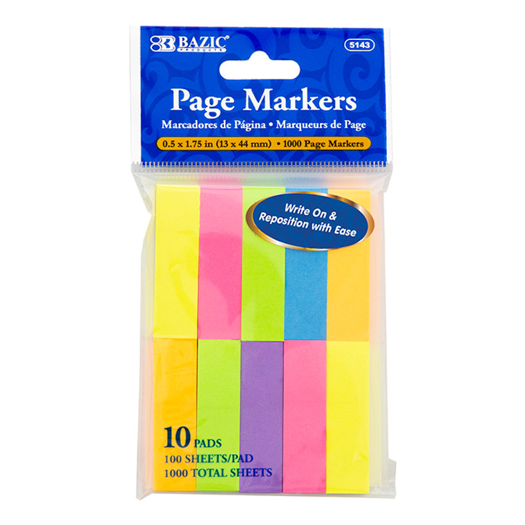 BAZIC 100 Ct. 0.5" X 1.75" Neon Page Markers (10/Pack)