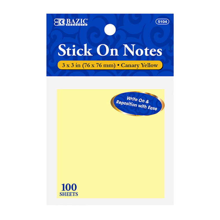 BAZIC 100 Ct. 3" X 3" Yellow Stick On Notes