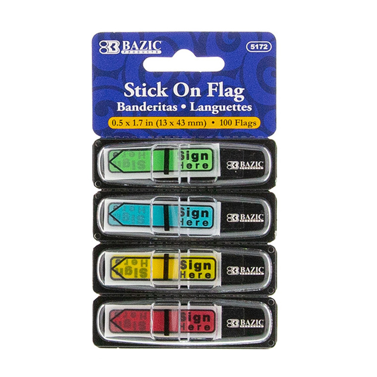 BAZIC 25 Ct. 0.5" x 1.7" Neon Color Printed Sign Here Flags w/ Dispenser (4/Pack)