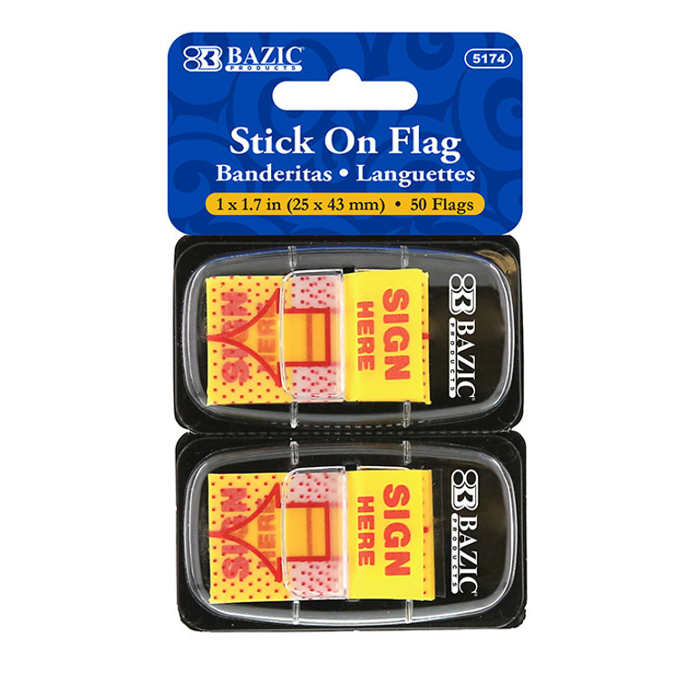 BAZIC 25 Ct. 1" x 1.7" Yellow Color Printed Sign Here Flags w/ Dispenser (2/Pack)