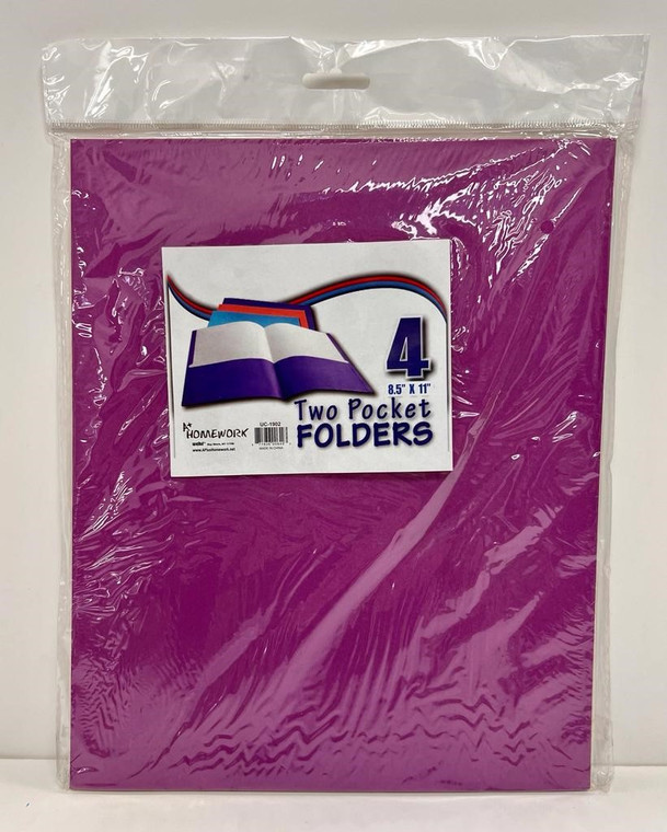 Two Pocket Folders - 8.5" X 11" - Asst. Colors - 4 Pack Bag