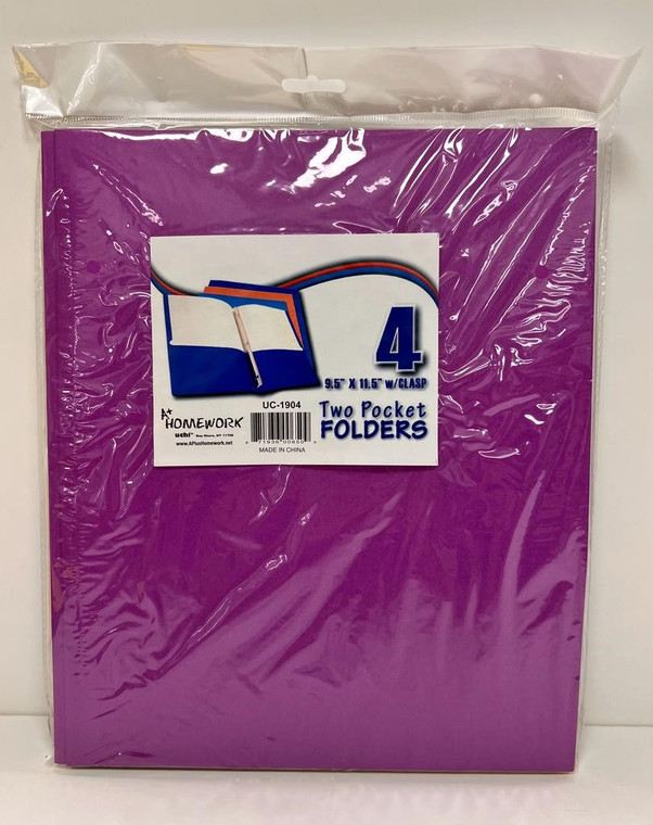 Two Pocket Folders - w/3 Fasteners -Asst. Colors - 4 Pack Bag
