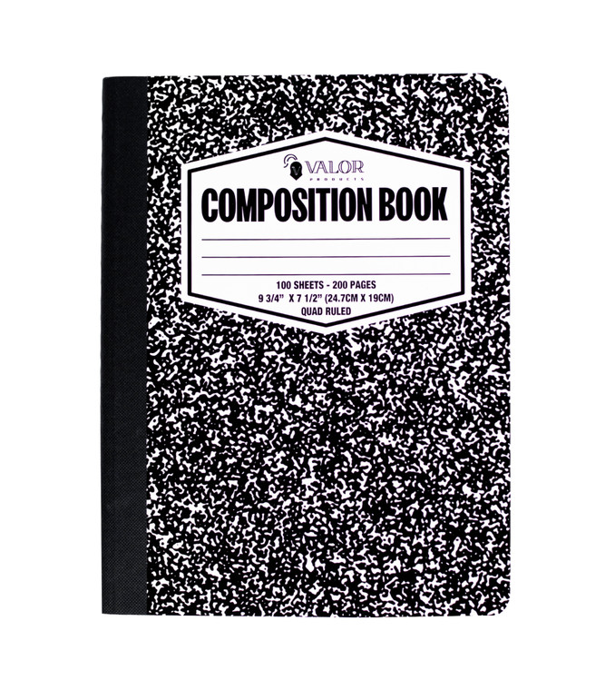 Composition Notebook Quad Ruled 100 Sheets Valor Brand Black Marble Premium Quality with Hard Cover 9.75"x7.5" Front Cover