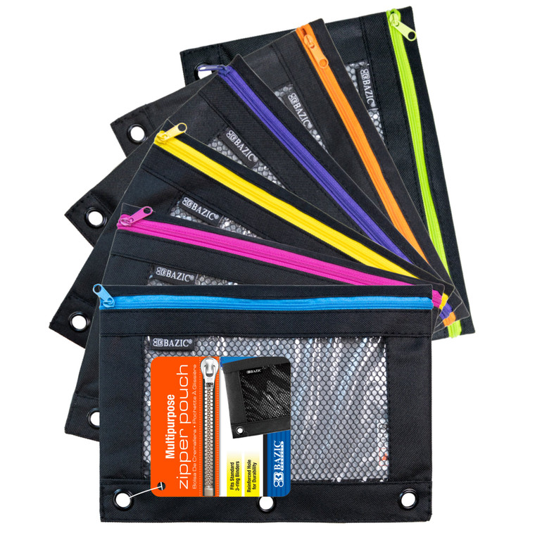 BAZIC Noir Neon 3-Ring Pencil Pouch w/ Mesh Window, 24 units per case