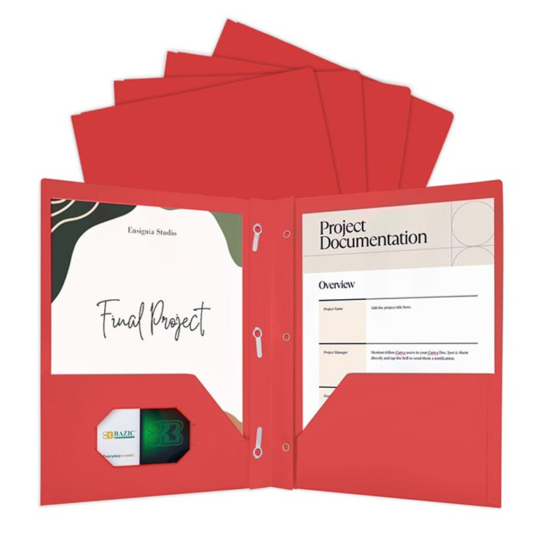BAZIC Red Color 2-Pockets Poly Portfolio w/ 3 Prongs, 100 units per case
