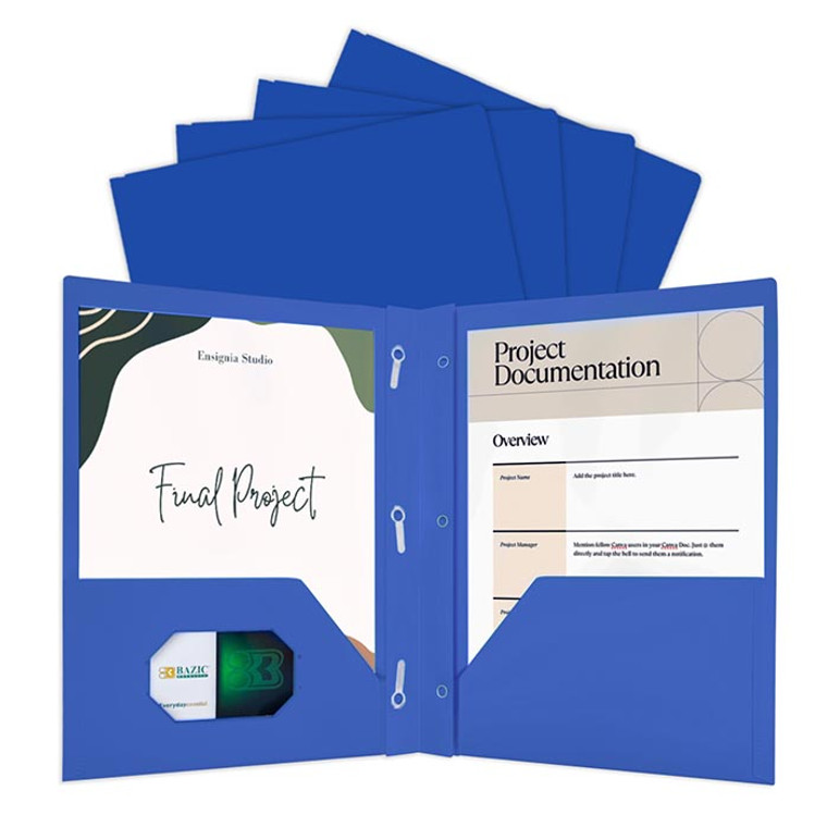 BAZIC Blue Color 2-Pockets Poly Portfolio w/ 3 Prongs, 100 units per case