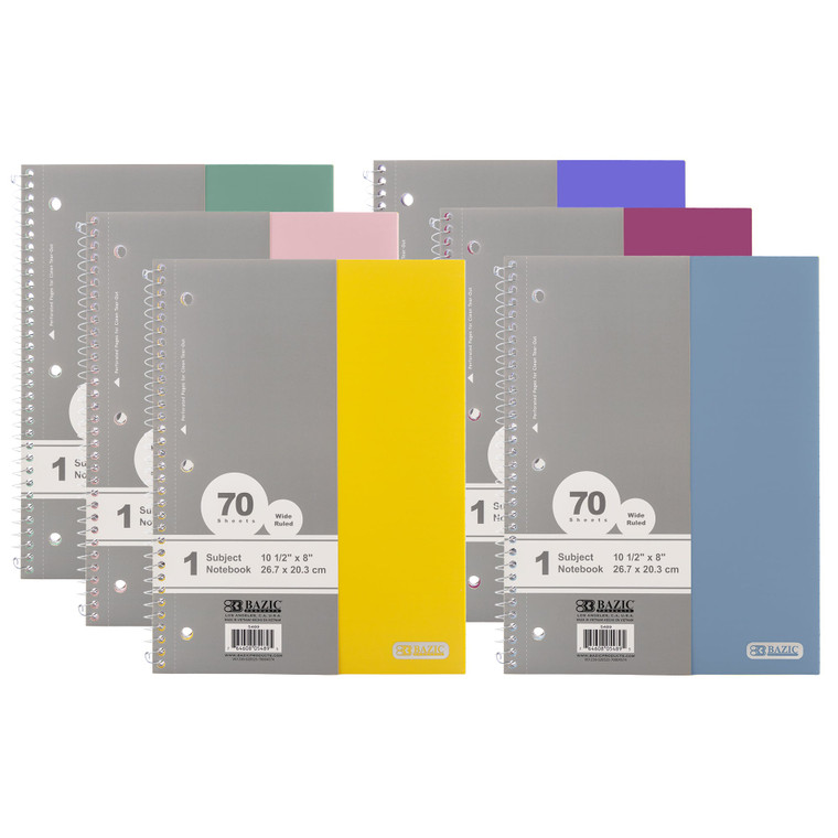 BAZIC W/R 70 Ct. 1-Subject Morandi Poly Cover Spiral Notebook, 24 units per case