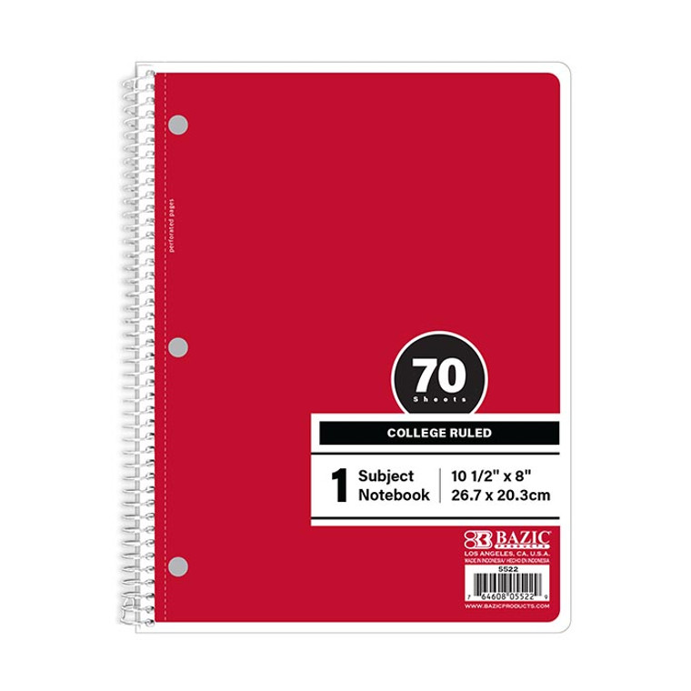 BAZIC C/R 70 Ct. 1-Subject Red Spiral Notebook