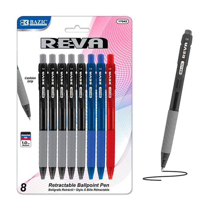 BAZIC Reva Asst. Color Retractable Pen w/ Cushion Grip (8/Pack), 24 units per case