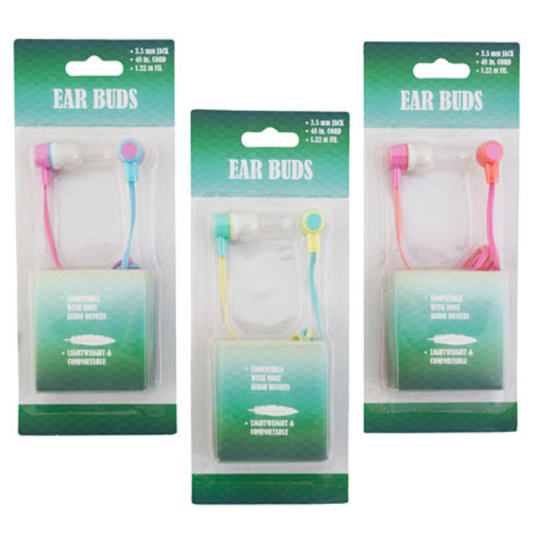 Earbuds with 3.5mm Jack - 48 inch Cord Handsfree - 3 Assorted Colors -2-Tone Blister Card, 24 units per case