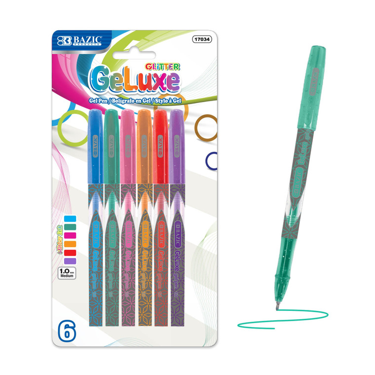 GeLuxe 6 Glitter Color Gel Roller Pens, 24 units per case