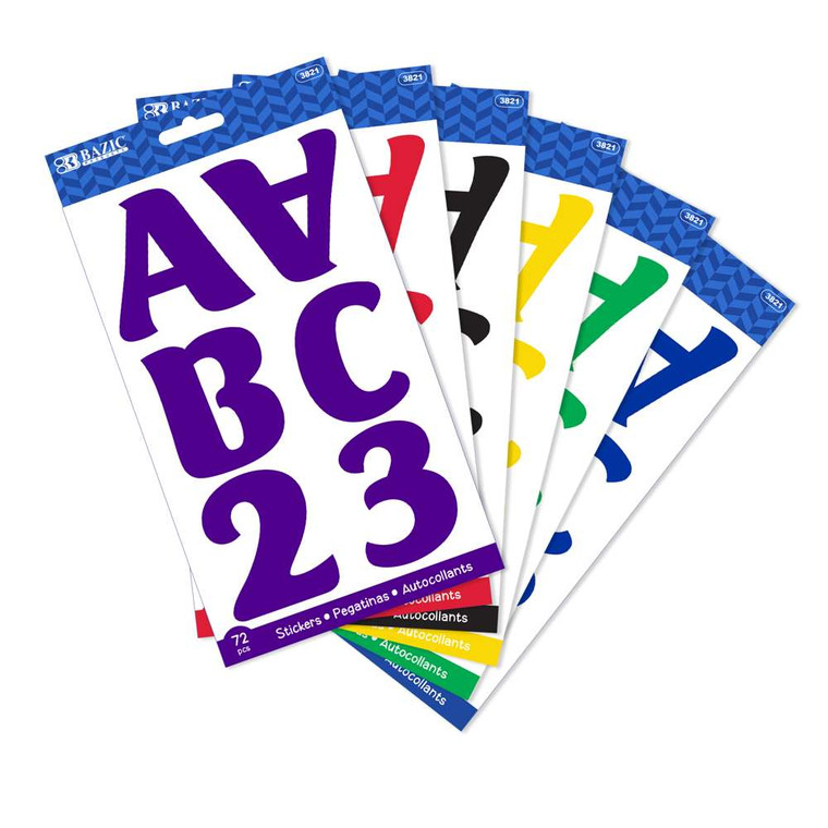 2" Alphabet and Number Stickers - 72 Pack, Colorful, 24 units per case