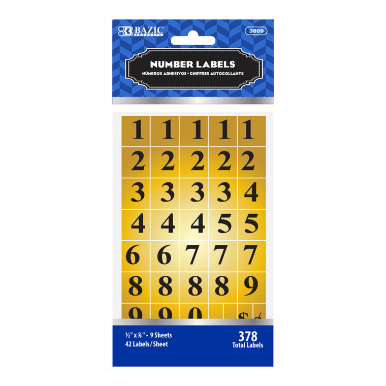 Gold Foil Number Labels 1/2x5/8 inch (378 Pack), 24 units per case