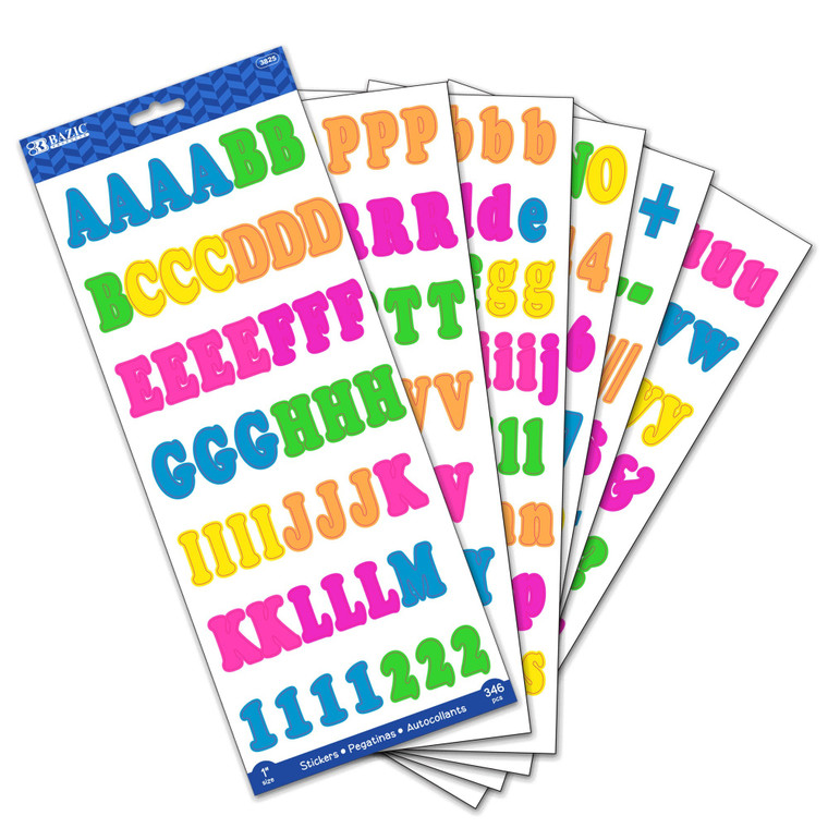 1" Multicolor Alphabet and Number Stickers - 346 Pack, 24 units per case