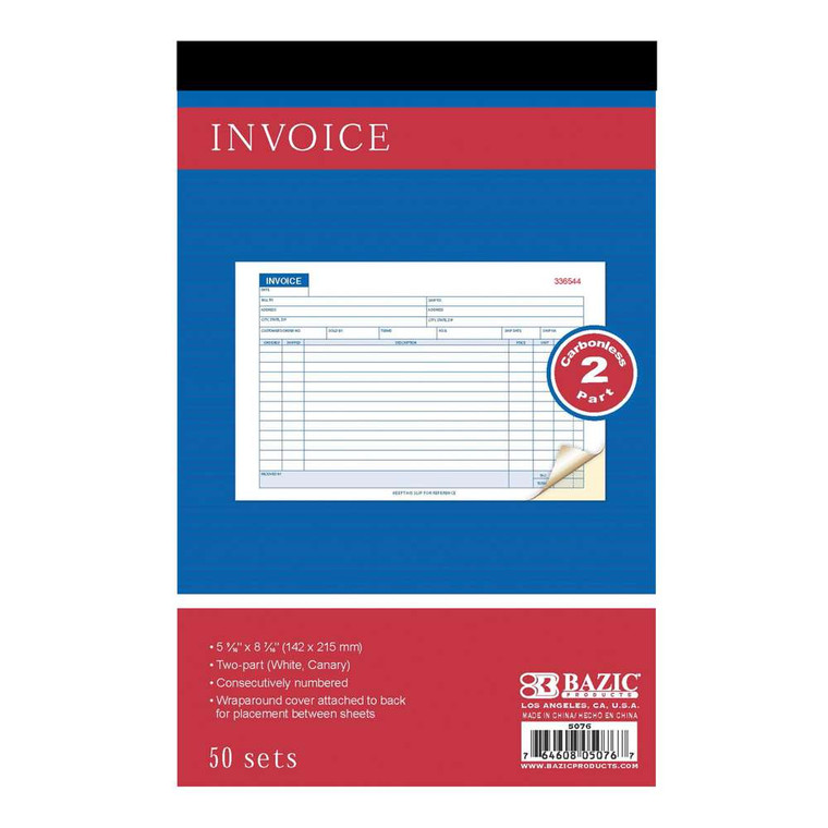 2-Part Carbonless Invoice Book - 50 Sets, 5 9/16" x 8 7/16", 24 units per case