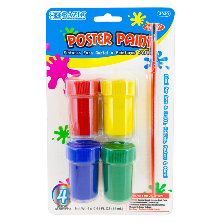 4-Color Washable Poster Paint Set with Brush, 24 units per case
