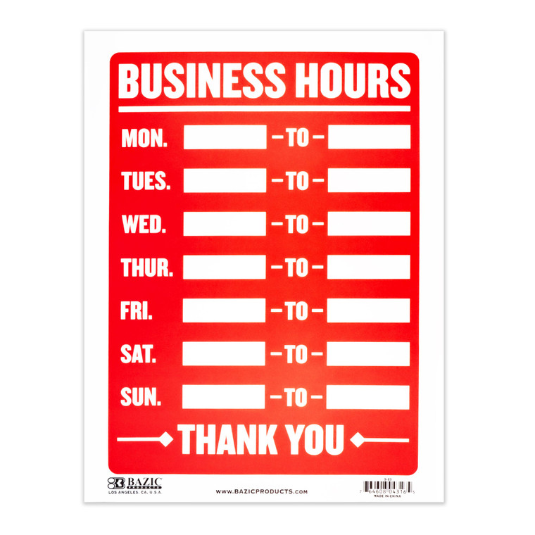 9x12 Business Hours Sign Red/White, 24 units per case