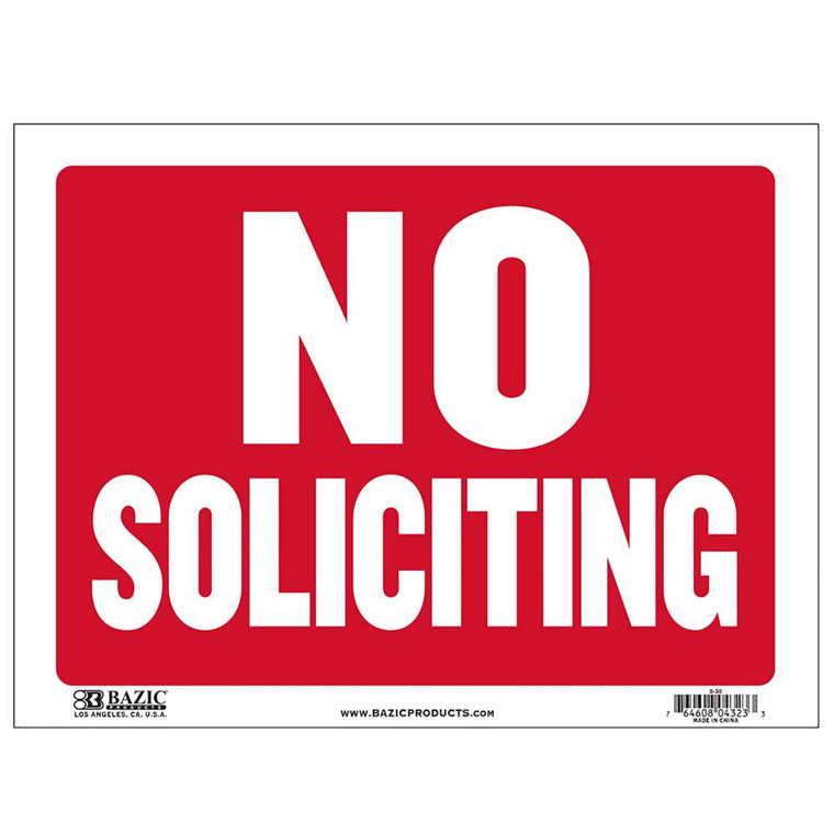 No Soliciting Sign 9x12 Inch Durable Weatherproof Red Banner, 24 units per case