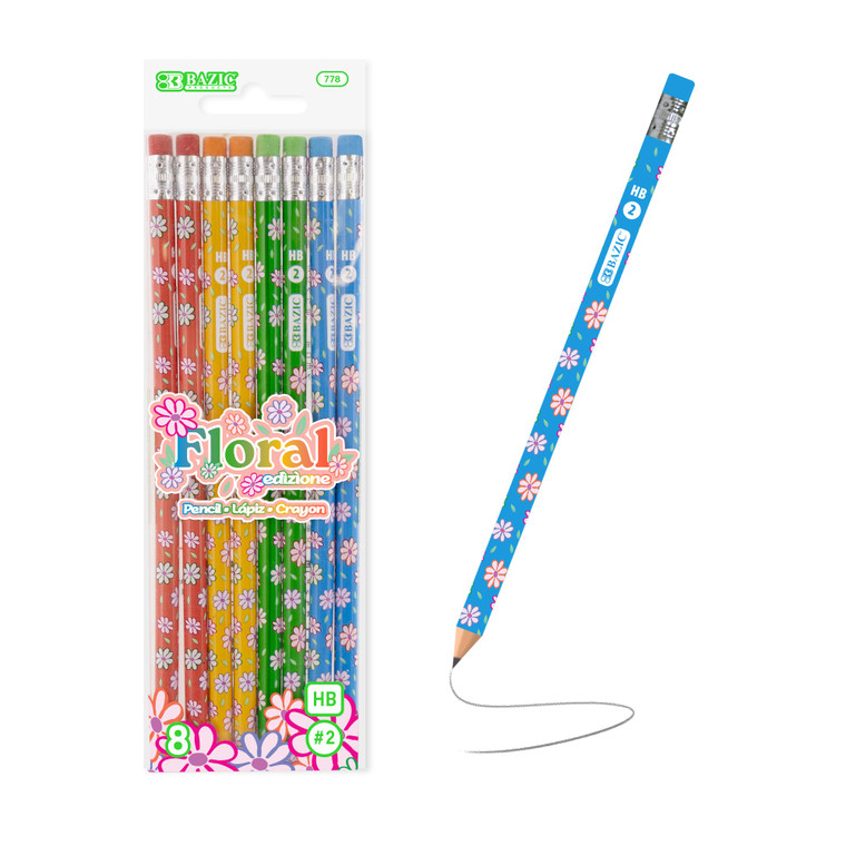 Floral Pencils with Erasers - 8 Pack, 24 units per case