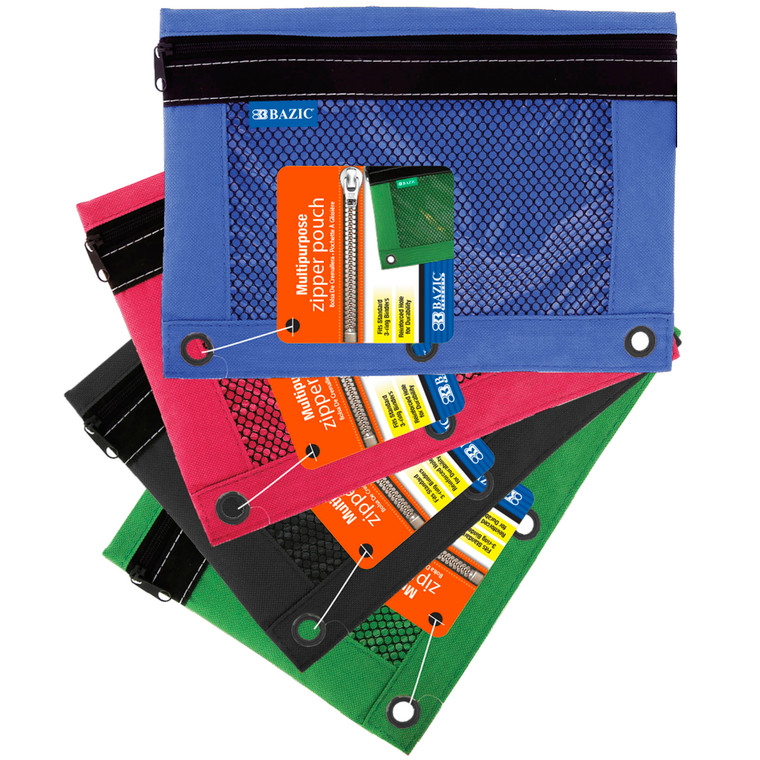Assorted Color, 3-Ring Zipper Pencil Pouch with Mesh Window, Multi-Purpose, 24 units per case
