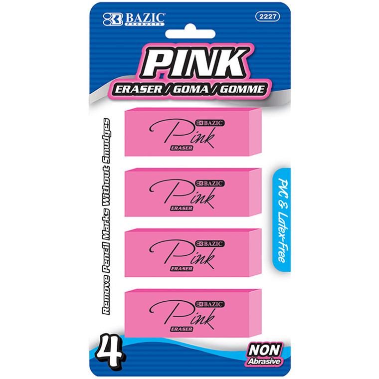 Pink Bevel Erasers, 4 Per Pack, Non Abrasive