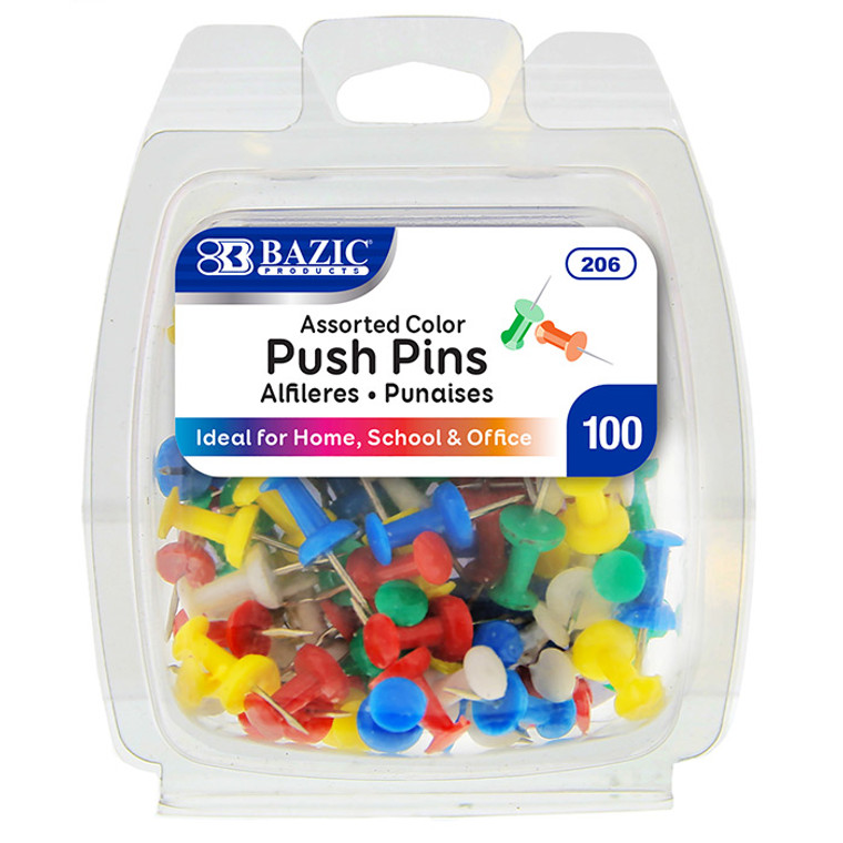 Assorted Color Push Pins, 100 Per Pack