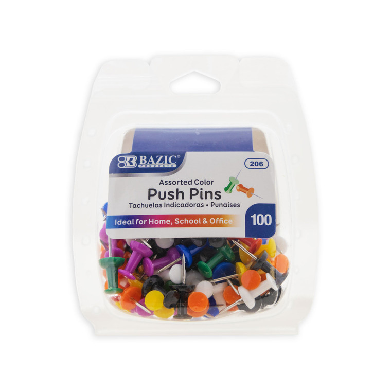 Assorted Color Push Pins, 100 Per Pack, 24 units per case