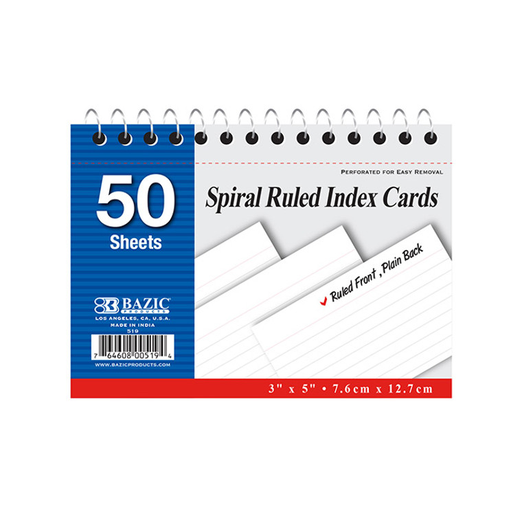 3" x 5" White Ruled Spiral Bound Index Card, 50 Sheets