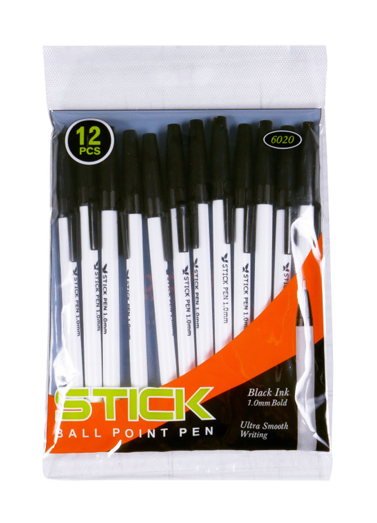 Stick Black Ink 1.0mm Ball Point Pens, 12 Per Pack