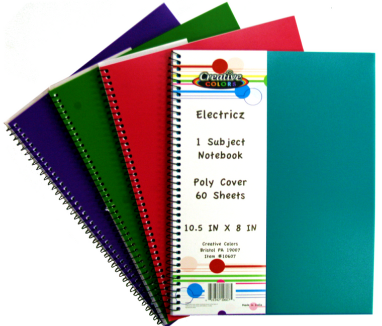 Notebook - 1 Subject - 10.5 X 8" - 4 Assorted Colors - Electricz