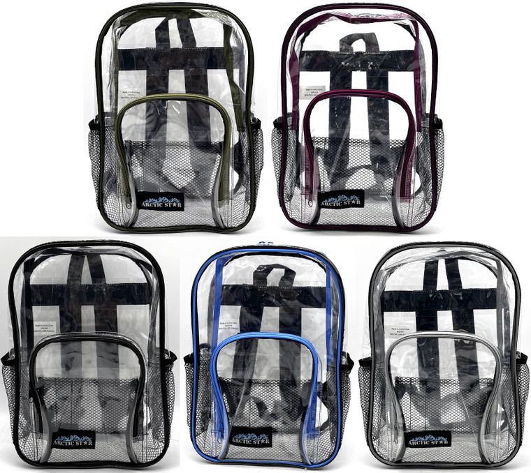 17 Inch Clear Backpack with Padded Straps and Blue, Green, Gray, Black, Wine Trim