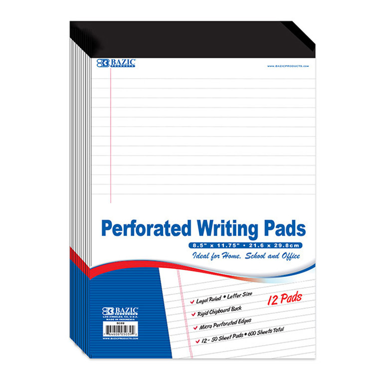 BAZIC 50 Ct. 8.5" X 11.75" White Perforated Writing Pads (12/Pack)